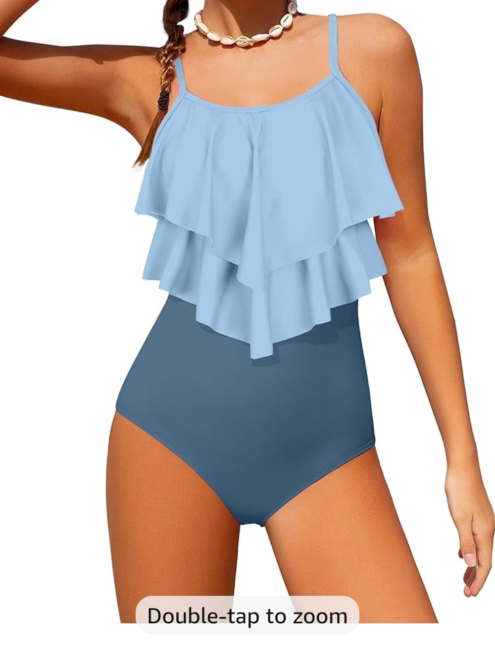 Two-Tone Ruffle One-Piece Swimsuit - Light Blue & Slate Girls Teen Size 14 Swim